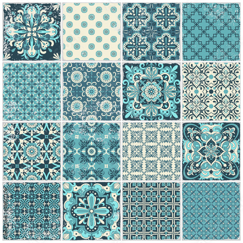Traditional ornate portuguese tiles azulejos. Vintage pattern for textile design. Geometric mosaic, majolica.