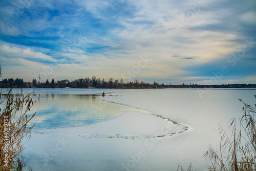 Snagov lake during wintertime, frost on the surface