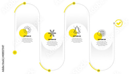 Snowflake, Christmas tree and Sun line icons set. Timeline process infograph. World water sign. Air conditioning, Spruce, Summer. Aqua drop. Nature set. Infographics plan timeline. Vector