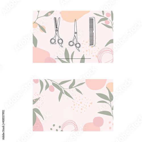 Template for a business card or certificate of a hairdresser and hair salon. Background with abstract shapes and doodle scissors in pastel colors. Vector for design.