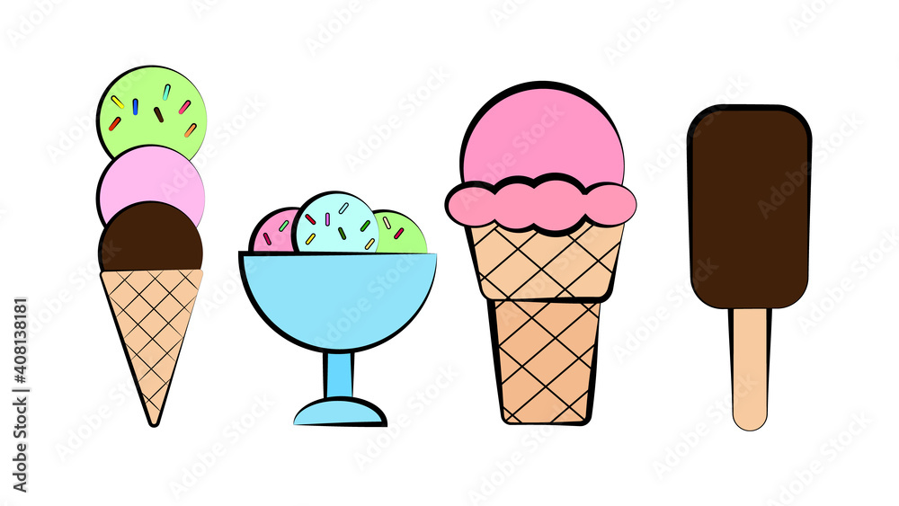 ice cream cone and bar. pastel and colorful icecream isolate on pink. vector illustration ice cream cone and bar. pastel and colorful icecream isolate on pink. vector illustration