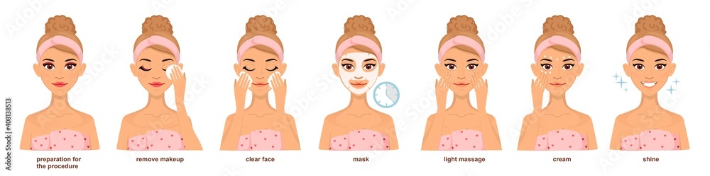 Set of woman doing home beauty treatments. Facial care. Set of woman doing home beauty treatments. Facial care.