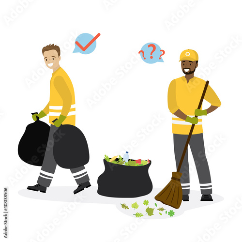 Team of garbage collectors at work. Multiethnic male workers in special uniform. Two scavengers remove garbage, leaves. Garbage bags.