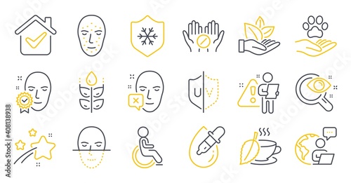 Set of Healthcare icons, such as Pets care, Eye drops, Mint tea symbols. Disabled, Medical tablet, Face recognition signs. Gluten free, Clean skin, Uv protection. Face declined line icons. Vector