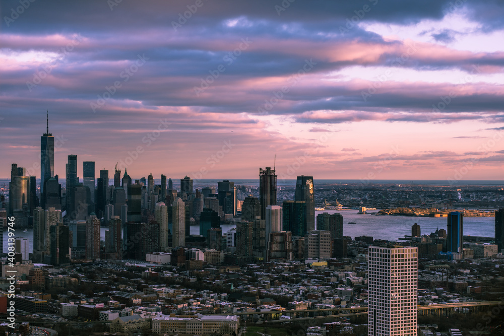 New York city skyline at sunset, aerial photography