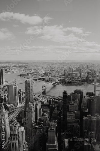 New York city skyline, aerial photography, black and white
