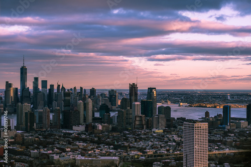 New York city skyline at sunset  aerial photography