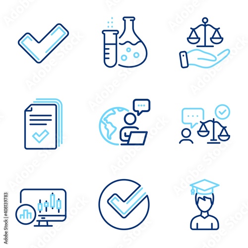 Education icons set. Included icon as Tick, Chemistry flask, Student signs. Lawyer, Verify, Justice scales symbols. Candlestick chart, Handout line icons. Confirm check, Laboratory. Vector