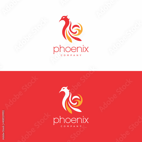 Stylish abstract phoenix logo sign template on red and white background.