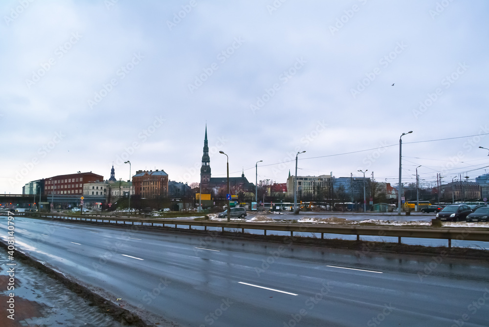 RIGA, LATVIA-January 24, 2021: view from Krasta Street