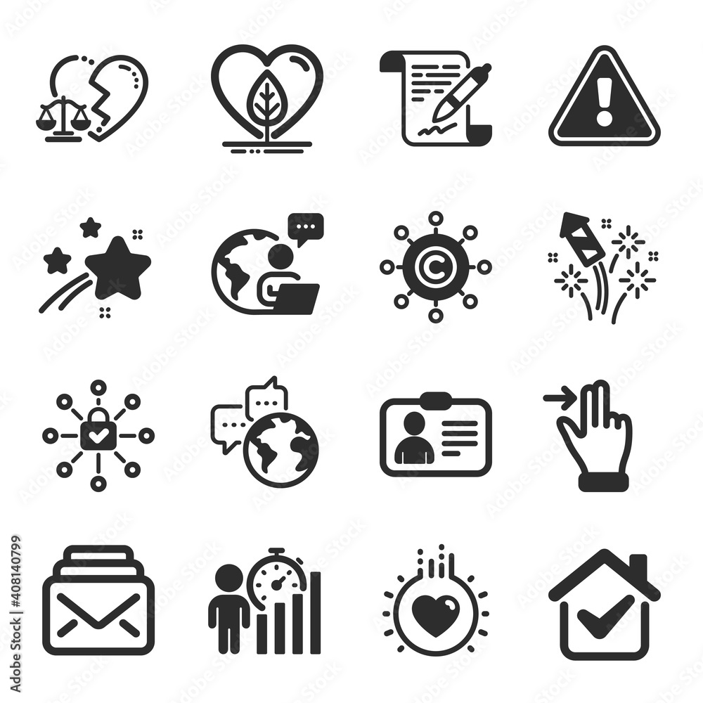 Set of Business icons, such as Security lock, Fireworks rocket, Mail symbols. Touchscreen gesture, Id card, Agreement document signs. World communication, Local grown, Divorce lawyer. Love. Vector Set of Business icons, such as Security lock, Fireworks rocket, Mail symbols. Touchscreen gesture, Id card, Agreement document signs. World communication, Local grown, Divorce lawyer. Love. Vector