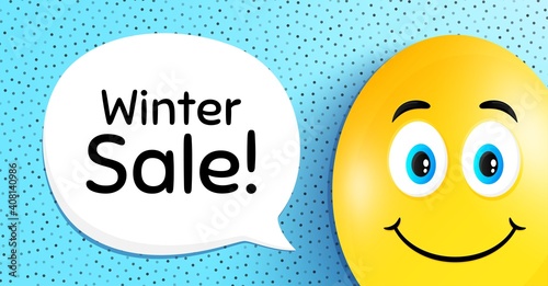 Winter Sale. Easter egg with smile face. Special offer price sign. Advertising Discounts symbol. Easter smile character. Winter sale speech bubble. Yellow egg background. Vector
