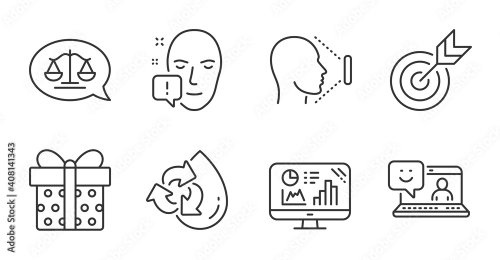 Target, Analytics graph and Face id line icons set. Justice scales, Recycle water and Face attention signs. Smile, Gift box symbols. Targeting, Growth report, Identification system. Vector Target, Analytics graph and Face id line icons set. Justice scales, Recycle water and Face attention signs. Smile, Gift box symbols. Targeting, Growth report, Identification system. Vector