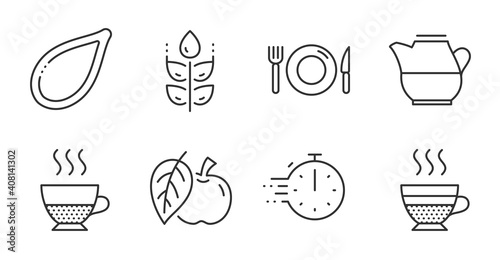 Milk jug, Food and Doppio line icons set. Cooking timer, Apple and Gluten free signs. Cafe creme, Pumpkin seed symbols. Fresh drink, Restaurant, Coffee drink. Food and drink set. Vector
