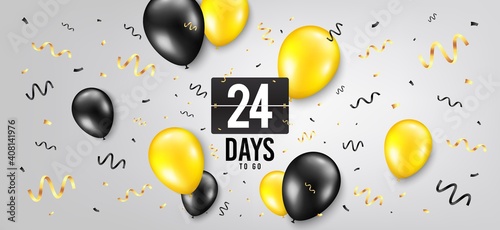 Twenty four days left icon. Countdown scoreboard timer. Balloon confetti background. 24 days to go sign. Days to go birthday balloon. Celebrate countdown banner. Counter background. Vector