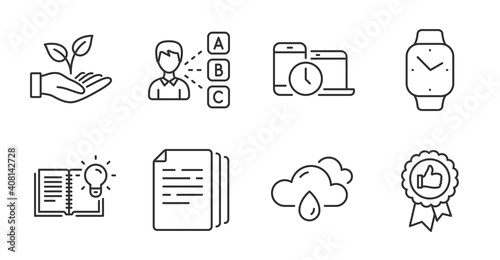 Rainy weather, Time management and Product knowledge line icons set. Smartwatch, Opinion and Helping hand signs. Copy documents, Positive feedback symbols. Quality line icons. Vector