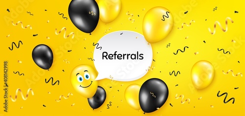Referrals symbol. Balloon confetti vector background. Referral program sign. Advertising reference. Birthday balloon background. Referrals message. Celebrate yellow banner. Vector