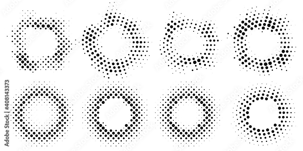 Set of abstract halftone frames. Round elements for graphic design. Retro circles from dots. Vector illustration.