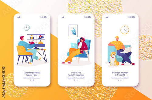 Freelance, remote work, home office during global pandemic, self-employment concept for website or web page. Mobile app page screen with people working at computers, laptops at home or coworking space