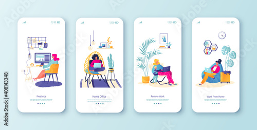 Remote work, freelance, self-employment concept for website or web page. Mobile app page screen with people working in home office, co-working space. Cartoon flat vector illustration.