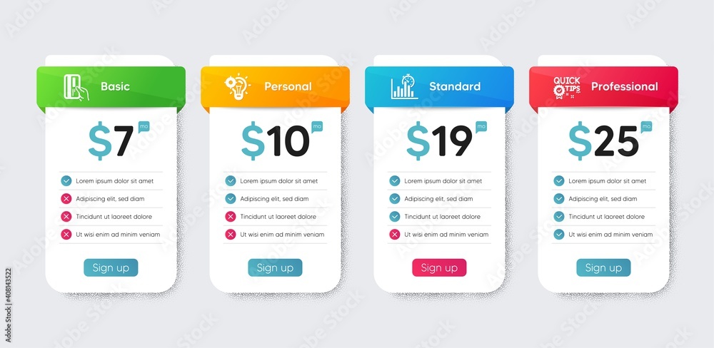 Technology icons set. Price table chart, business plan template. Included icon as Quick tips, Seo idea, Payment card signs. Report timer flat icons. Helpful tricks, Performance, Credit card. Vector
