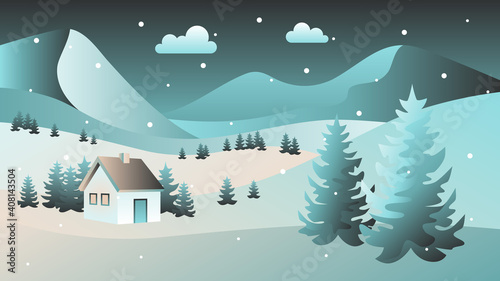 Winter night time. Winter landscape with snowdrifts and snowy fir trees. Seasonal nature background. Frosty snow hills. Snowy background. Snowdrifts. Snowfall. Vector illustration.
