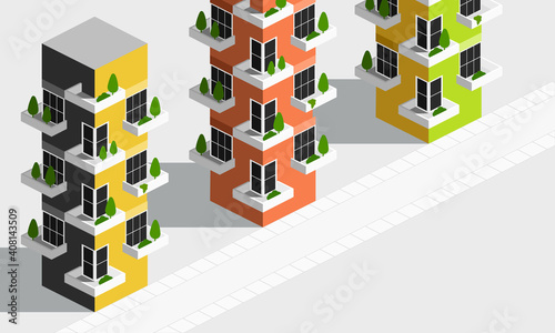 Green city isometric building, construction, on gray gradient with road, modular city