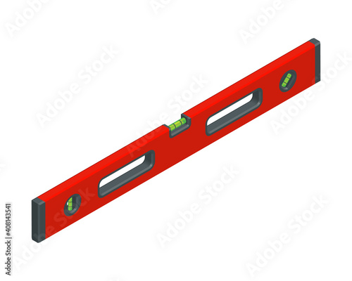Isometric vector illustration red bubble level tool isolated on white background. Realistic spirit level icon in flat cartoon style. Construction water level. Building and engineering equipment.