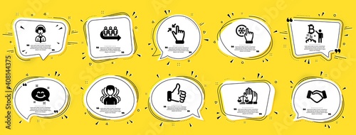 People icons set. Speech bubble offer banners. Yellow coupon badge. Included icon as Queue, Smile chat, Freezing click signs. Group, Shipping support, Touchscreen gesture symbols. Vector