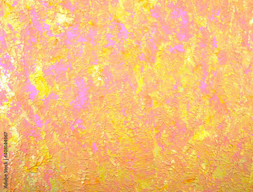 Abstract painting background. Acrylic yellow, gold, purple pink color painted on canvas. Handmade, hand drawn. Flat lay, overlay, artwork, display, texture concept. Modern, contemporary art. Original.