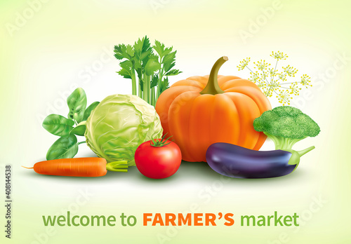 Poster design with vegetables for farmer’s market. Vector illustration.