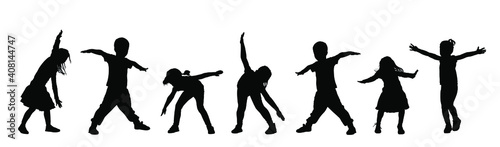 Happy joyful kids, little boys and girls doing exercise vector silhouette isolated on white background. Funny playing plane game. Spread hands flying symbol widespread hands open. Smiling children.