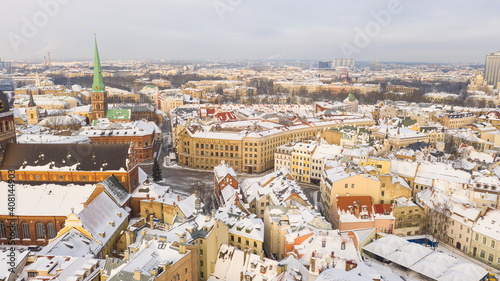 Fototapeta Naklejka Na Ścianę i Meble -  Riga, Latvia, Baltics. Beautiful panoramic aerial view photo from flying drone to Old Riga on a Beautiful Sunny Winter Day. (series)