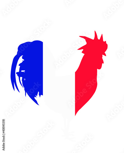 French flag over rooster vector silhouette isolated on white background. Republic of France national symbol flag over chicken male.