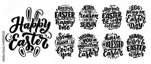 Set with calligraphy lettering slogans about Easter for flyer and print design. Templates for banners, posters, greeting postcards. Vector