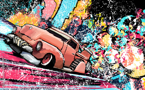 machine in retrofuturism style rushing along a colored road, on an abstract background