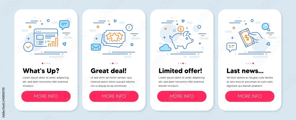 Set of Finance icons, such as Web report, Loyalty points, Saving money symbols. Mobile screen banners. Pay money line icons. Graph chart, Bonus coupon, Piggy bank. Hold cash. Web report icons. Vector