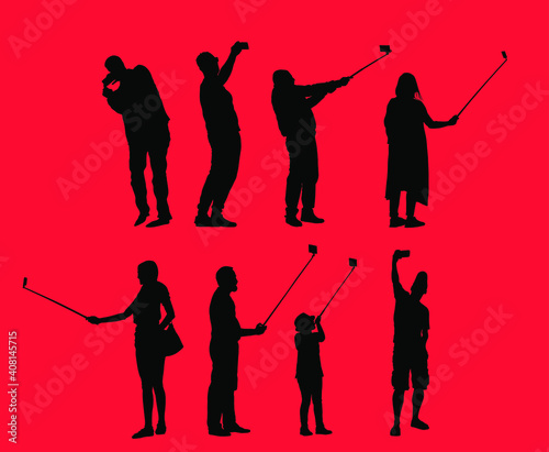 Selfie people tourists taking picture vector silhouette illustration isolated on red background. Taking selfie hand hold stick with mobile phone.  Friend traveler fun. Man and woman family travel me