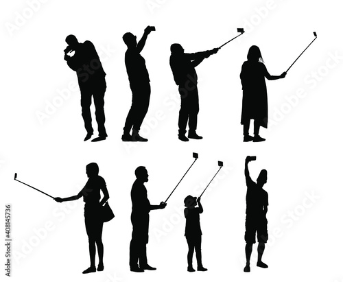 Selfie people tourists taking picture vector silhouette illustration isolated on white background. Taking selfie hand hold stick with mobile phone.  Friend traveler fun. Man and woman family travel me