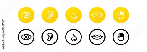 Five human senses icon set. Eye, nose, ear, hand, mouth with tongue sign. Sight, smell, hearing, touch, taste concept. Vector on isolated white background. EPS 10