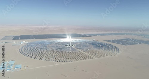 Aerial photo of a solar thermal power plant. Golmud, Haixi Mongol and Tibetan Autonomous Prefecture, Qinghai, China