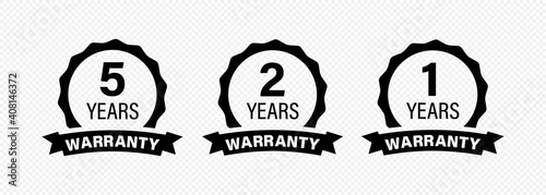 5, 2 and 1 years and lifetime warranty label icon. Vector on isolated transparent background. EPS 10 photo