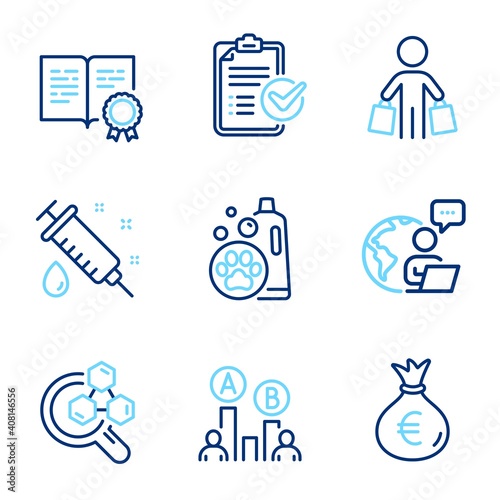 Business icons set. Included icon as Certificate, Money bag, Buyer signs. Ab testing, Survey checklist, Pet shampoo symbols. Chemistry lab, Medical syringe line icons. Line icons set. Vector
