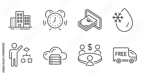 Free delivery, Time management and Algorithm line icons set. Buildings, Cash and Freezing water signs. Meeting, Cloud server symbols. Shopping truck, Alarm clock, Developers job. Vector