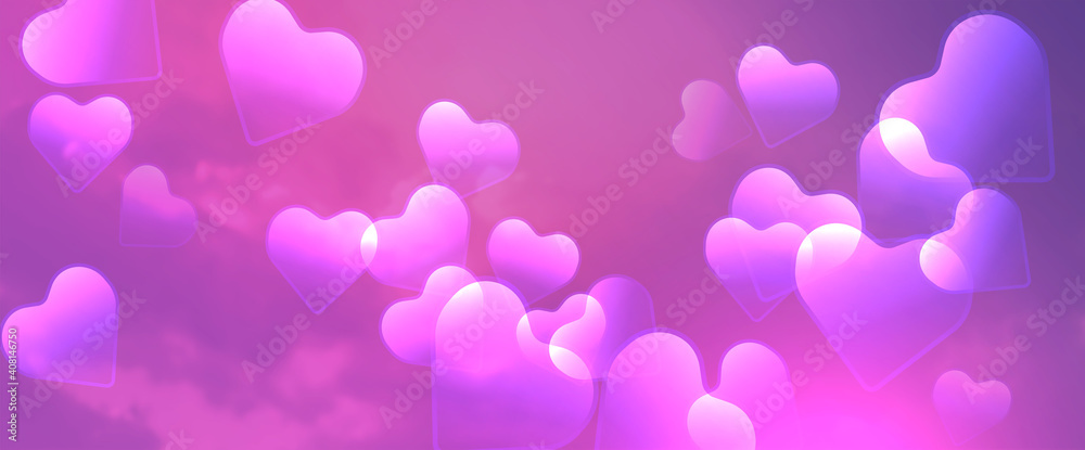 Pink clouds with hearts vector background. Bright decoration for your design