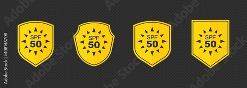 Set of simple flat SPF sun protection icons for sunscreen packaging. UV protection for skin. Icons for sunscreen products or other skin cosmetics. Vector on isolated background. EPS 10