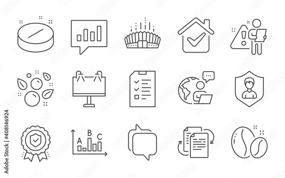 Bureaucracy, Medical tablet and Security agency line icons set. Arena stadium, Insurance medal and Coffee beans signs. Clean bubbles, Interview and Survey results symbols. Line icons set. Vector Bureaucracy, Medical tablet and Security agency line icons set. Arena stadium, Insurance medal and Coffee beans signs. Clean bubbles, Interview and Survey results symbols. Line icons set. Vector