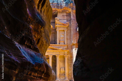 Jordan, in Petra, first sight on Temple Khazneh, (treasury), when you enter Petra