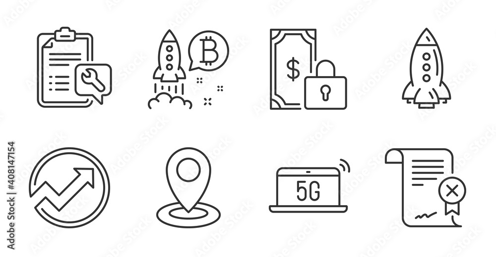 5g notebook, Audit and Private payment line icons set. Spanner, Rocket and Location signs. Bitcoin project, Reject certificate symbols. Wireless laptop, Arrow graph, Secure finance. Vector