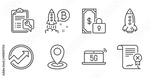 5g notebook, Audit and Private payment line icons set. Spanner, Rocket and Location signs. Bitcoin project, Reject certificate symbols. Wireless laptop, Arrow graph, Secure finance. Vector